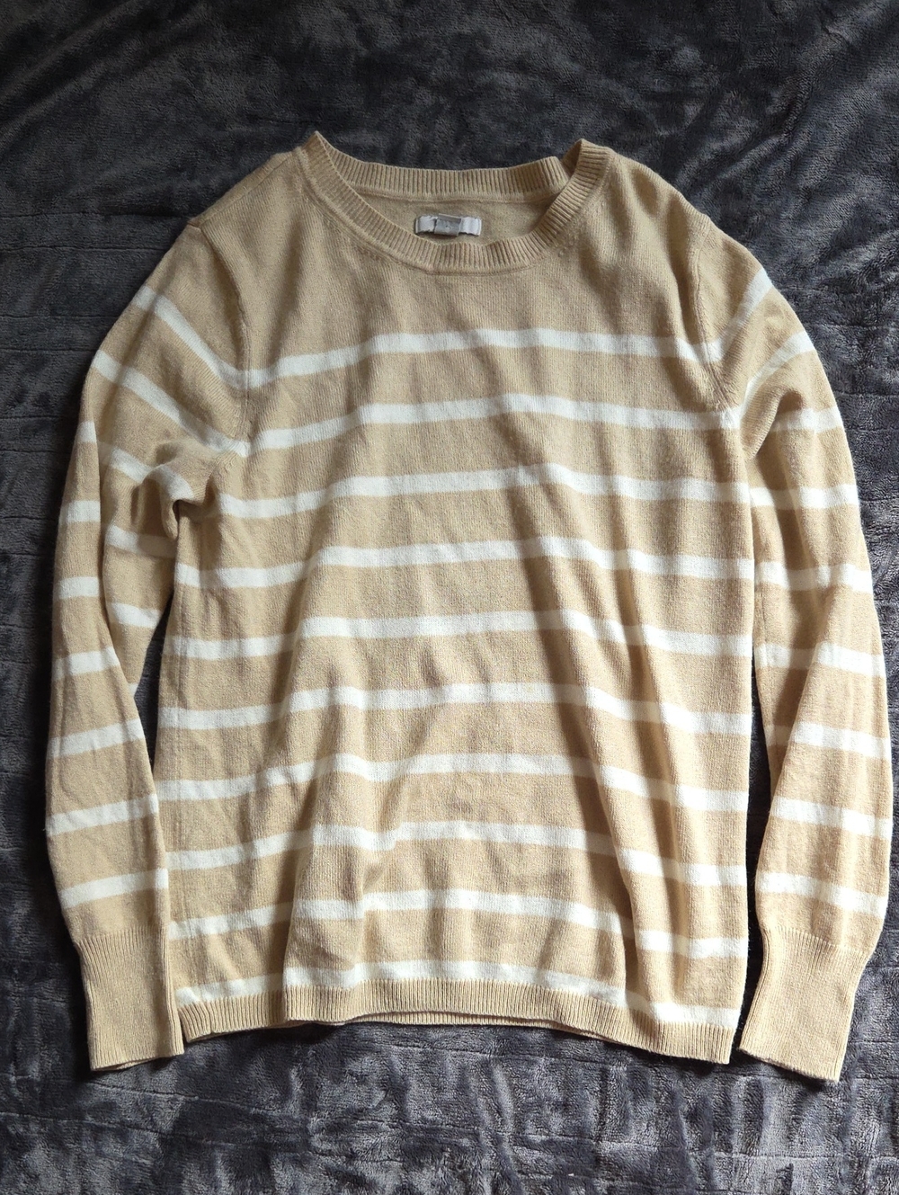 Beige & White Striped Crewneck Sweater